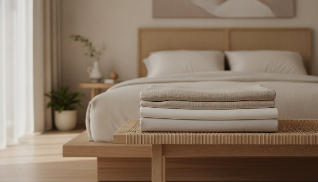 Folded linen and cotton sheets stacked on a bench at the foot of a bed