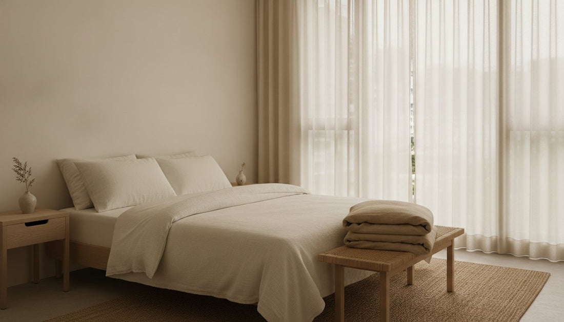 Bed with an off-white duvet folded back in a bright bedroom, with a spare duvet cover at the foot of the bed